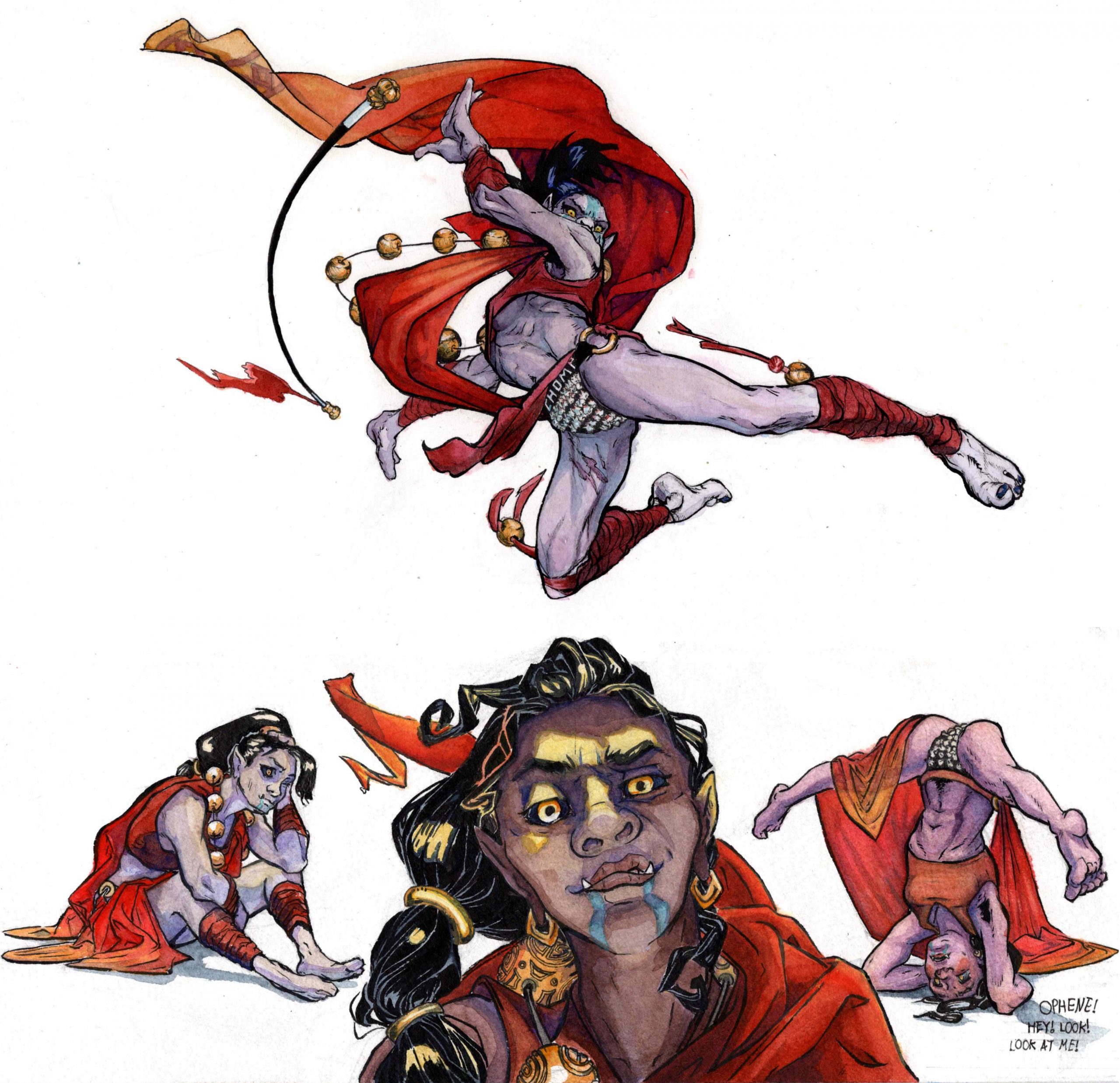 a compilation of 4 images of the same character of an orc princess. The top has the princess leaping in some kind of warrior-like move with a billowing red cape and underwear made of teeth that says "chomp". Along the bottom is the princess doing a headstand and saying "Hey ophene, look at me!", a closeup of the orc princess' face looking smug and lit from above, and then finally the orc princess sitting in thoughtful repose.